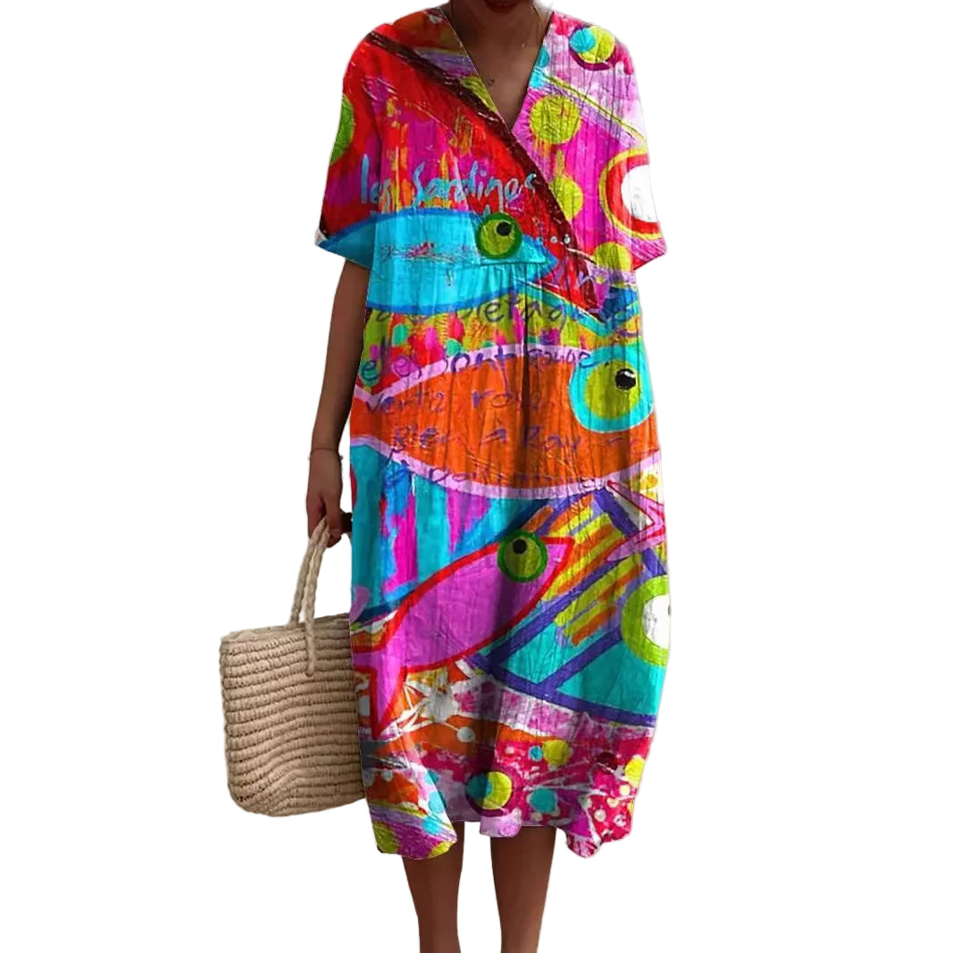 Robe Femme T-shirt Grande Taille à Manches Courtes Motif Océan Coton 0