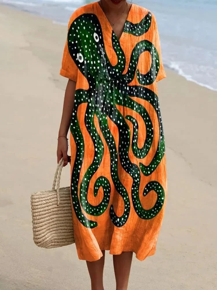 Robe Femme T-shirt Grande Taille à Manches Courtes Motif Océan Coton 24