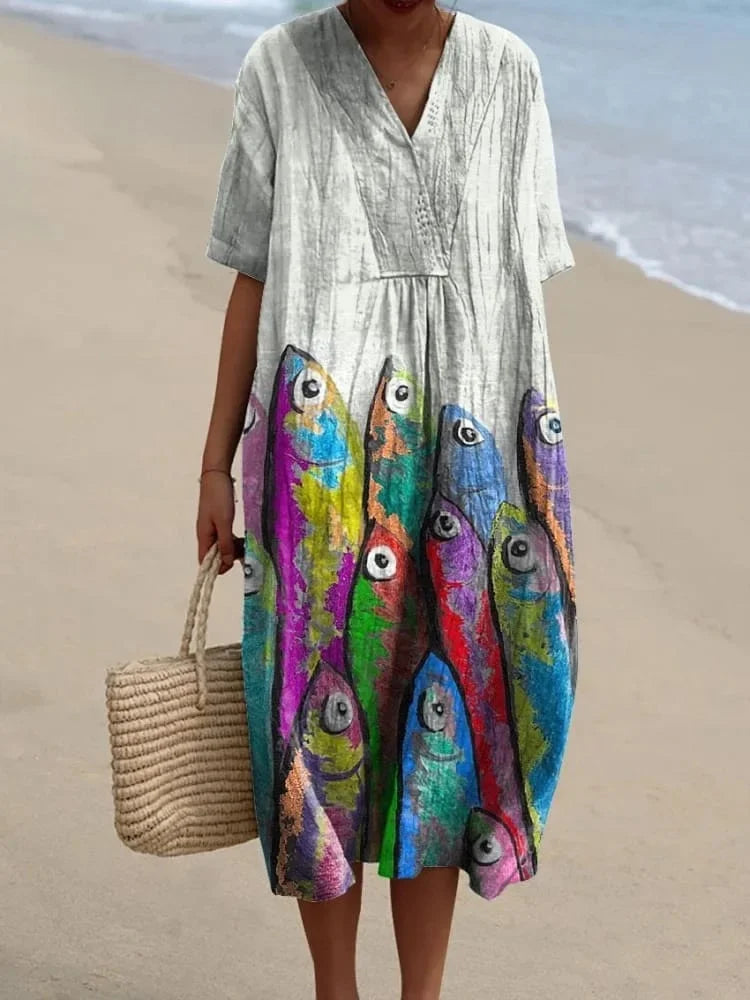 Robe Femme T-shirt Grande Taille à Manches Courtes Motif Océan Coton 26