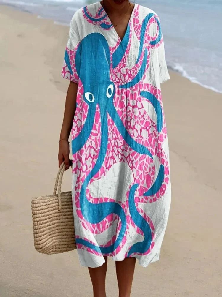 Robe Femme T-shirt Grande Taille à Manches Courtes Motif Océan Coton 27