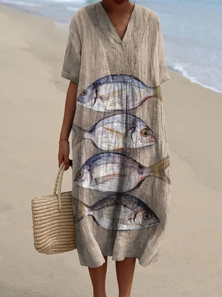 Robe Femme T-shirt Grande Taille à Manches Courtes Motif Océan Coton 28