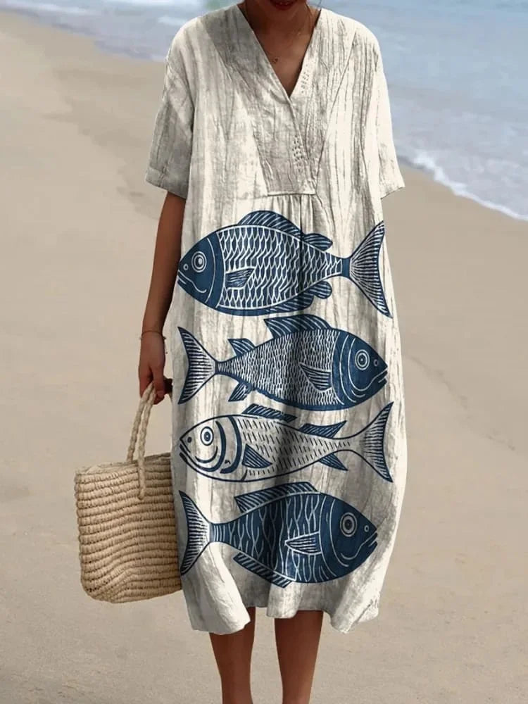 Robe Femme T-shirt Grande Taille à Manches Courtes Motif Océan Coton 30