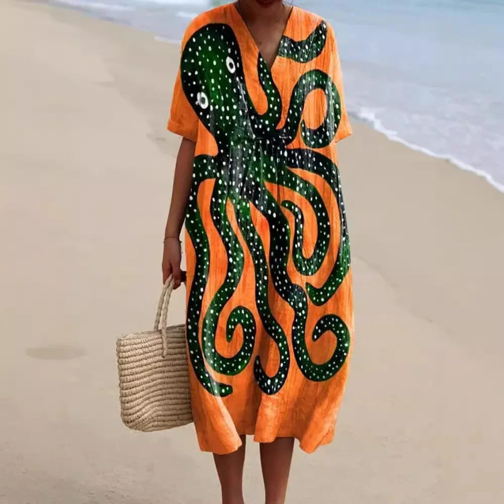 Robe Femme T-shirt Grande Taille à Manches Courtes Motif Océan Coton 3