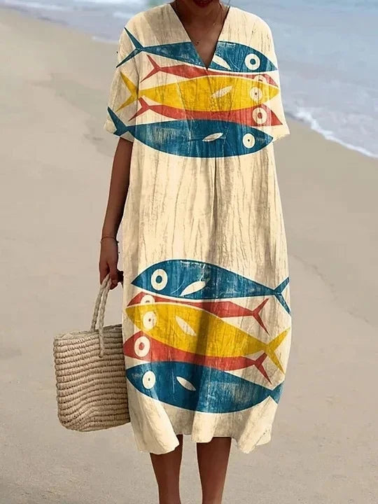 Robe Femme T-shirt Grande Taille à Manches Courtes Motif Océan Coton 6