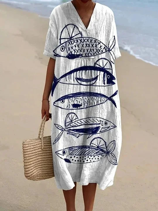 Robe Femme T-shirt Grande Taille à Manches Courtes Motif Océan Coton 8