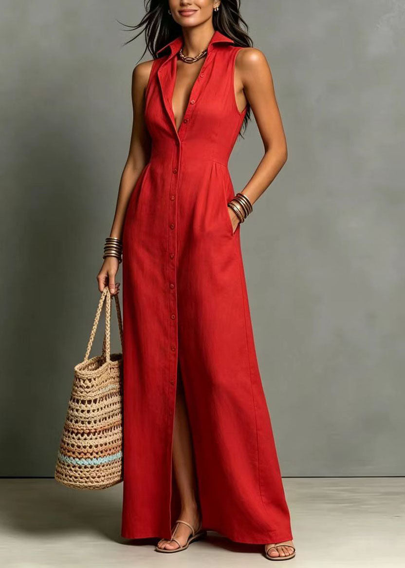 Robe Femme Vacances Col Claudine Boutonnage Simple Sans Manches 1