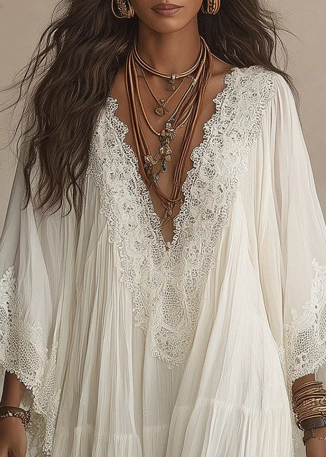 Robe Femme Vacances Col V Dentelle Patchwork Manches Bracelet 3