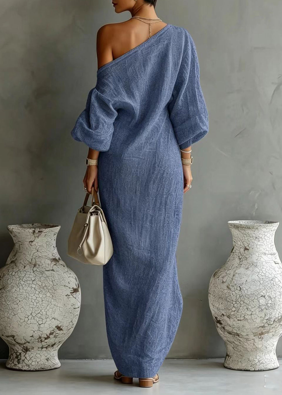 Robe Femme Vacances Une Épaule Manches Longues 1