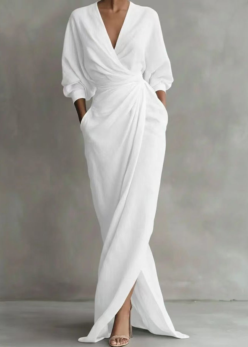 Robe Femme Vacances Vintage Col V Manches Longues 2