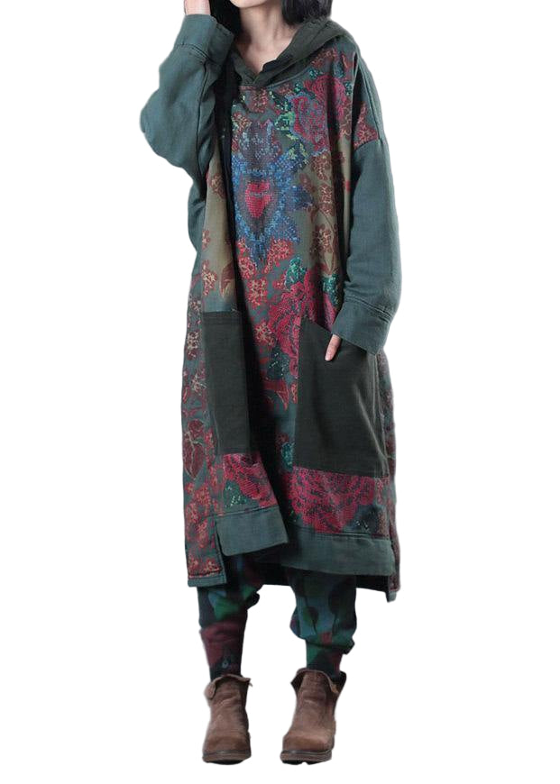 Robe Femme à Capuche Imprimée en Coton Vert, Mi-Mollet, Style Décontracté 0