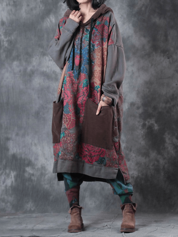 Robe Femme à Capuche Imprimée en Coton Vert, Mi-Mollet, Style Décontracté 2