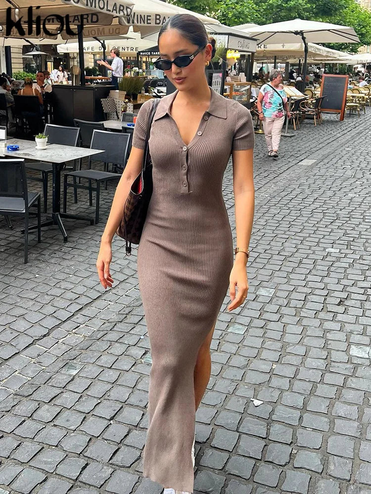 Robe Longue Femme Chic avec Col Rabattu et Fente Latérale 1