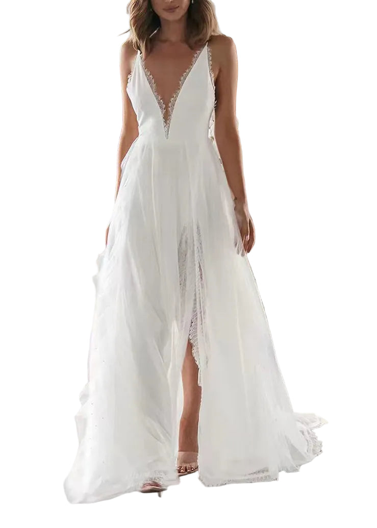 Robe Longue Femme Col en V Dos Nu Ouverte Côté Sans Manches 0