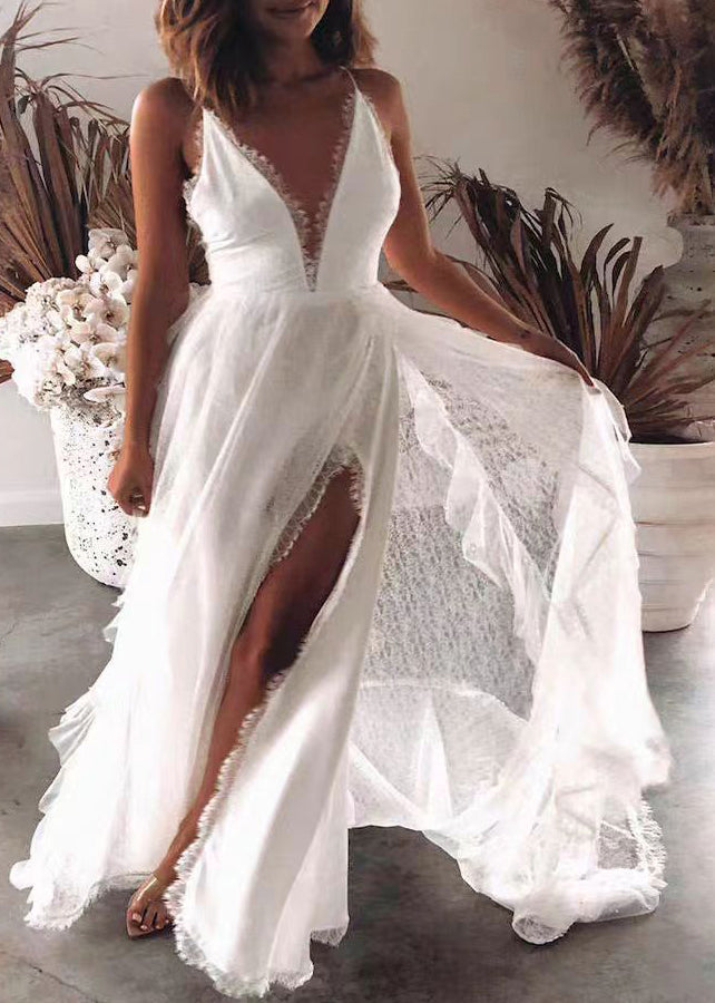 Robe Longue Femme Col en V Dos Nu Ouverte Côté Sans Manches 1