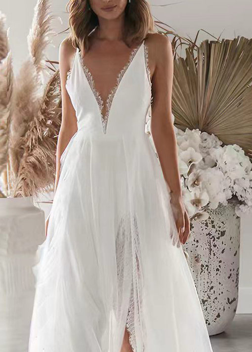 Robe Longue Femme Col en V Dos Nu Ouverte Côté Sans Manches 3