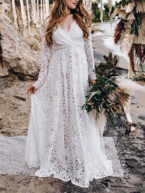 Robe Longue Femme Dentelle Col en V Manches Longues pour Soirée Été 1