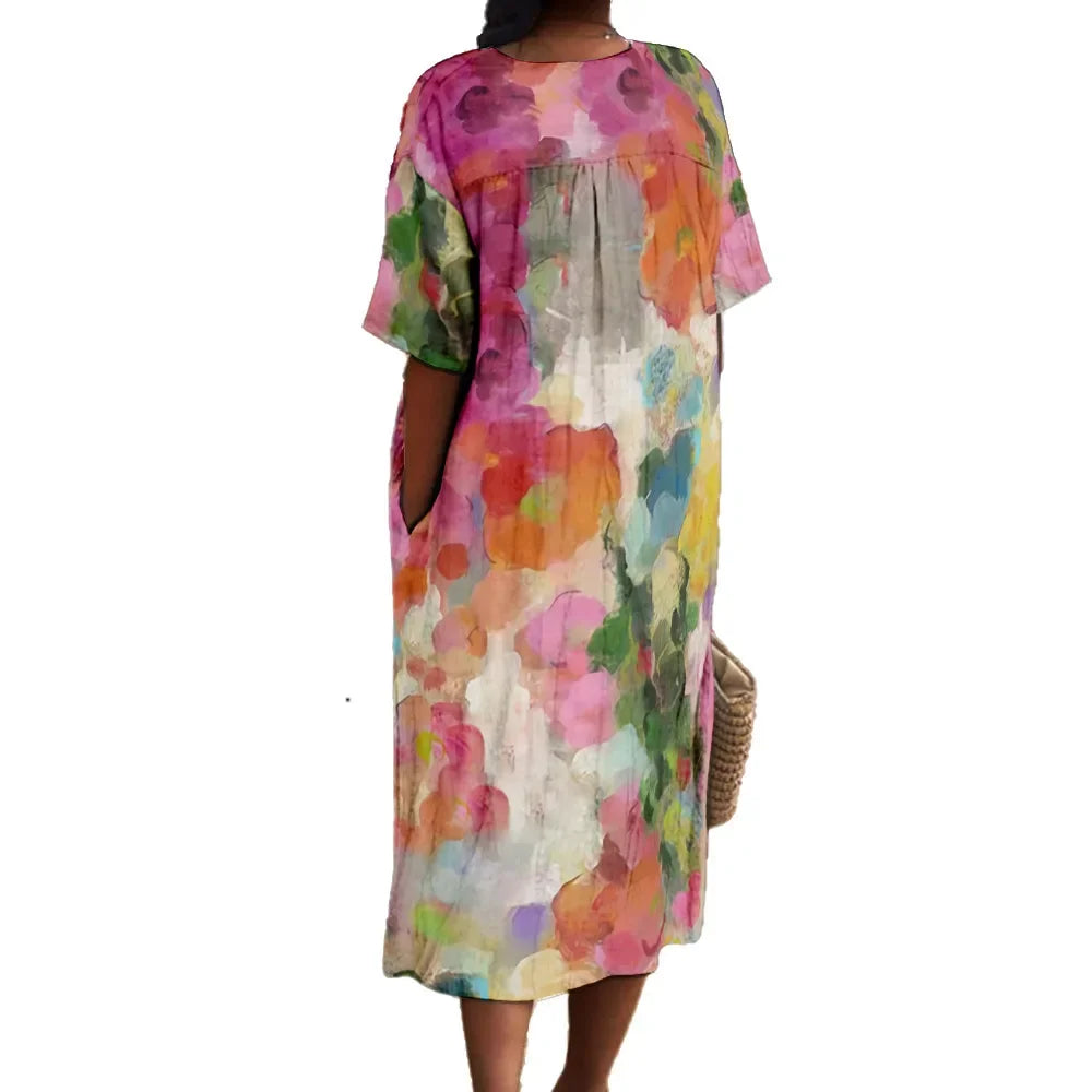 Robe Longue Femme Imprimé Numérique Col V Manches Courtes Tissu Aéré 4