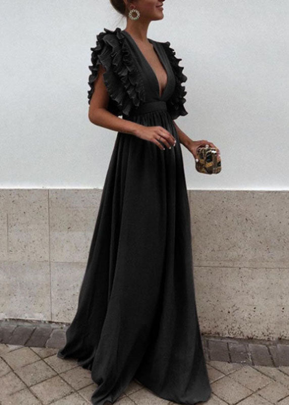 Robe Longue Femme Patchwork Volants Col V Manches Courtes 4