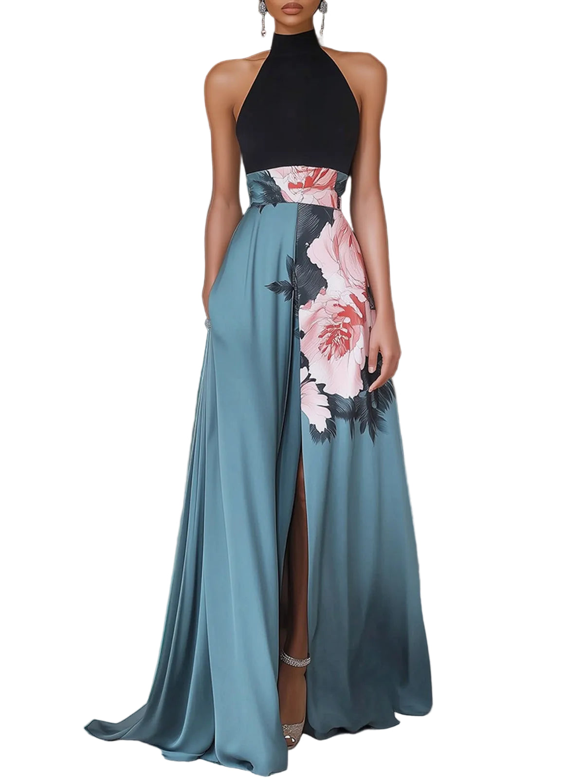 Robe Longue Femme Trapèze avec Fente Florale pour Soirée 0