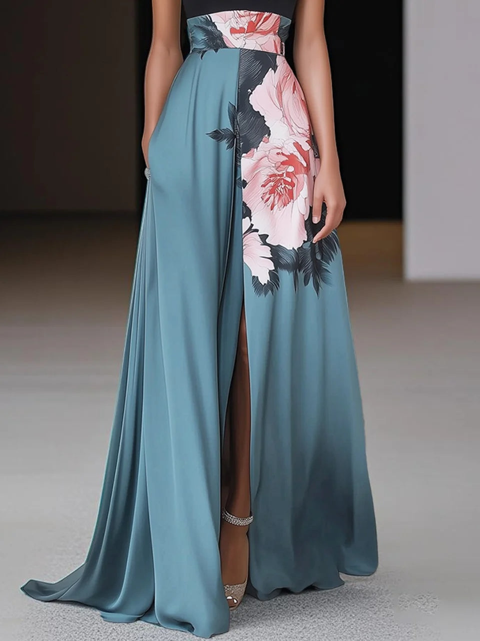 Robe Longue Femme Trapèze avec Fente Florale pour Soirée 2