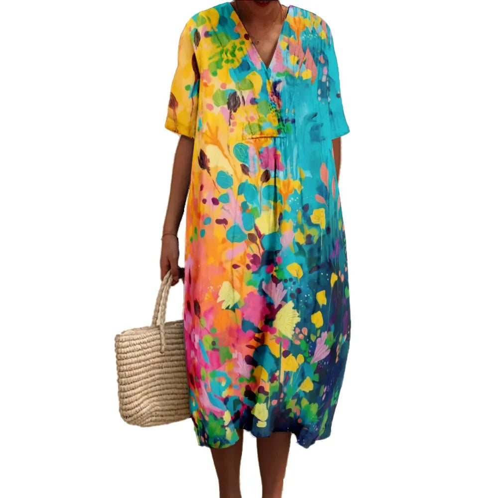 Robe Longue Fleurie Femme Col V Manches Courtes Tissu Léger 3