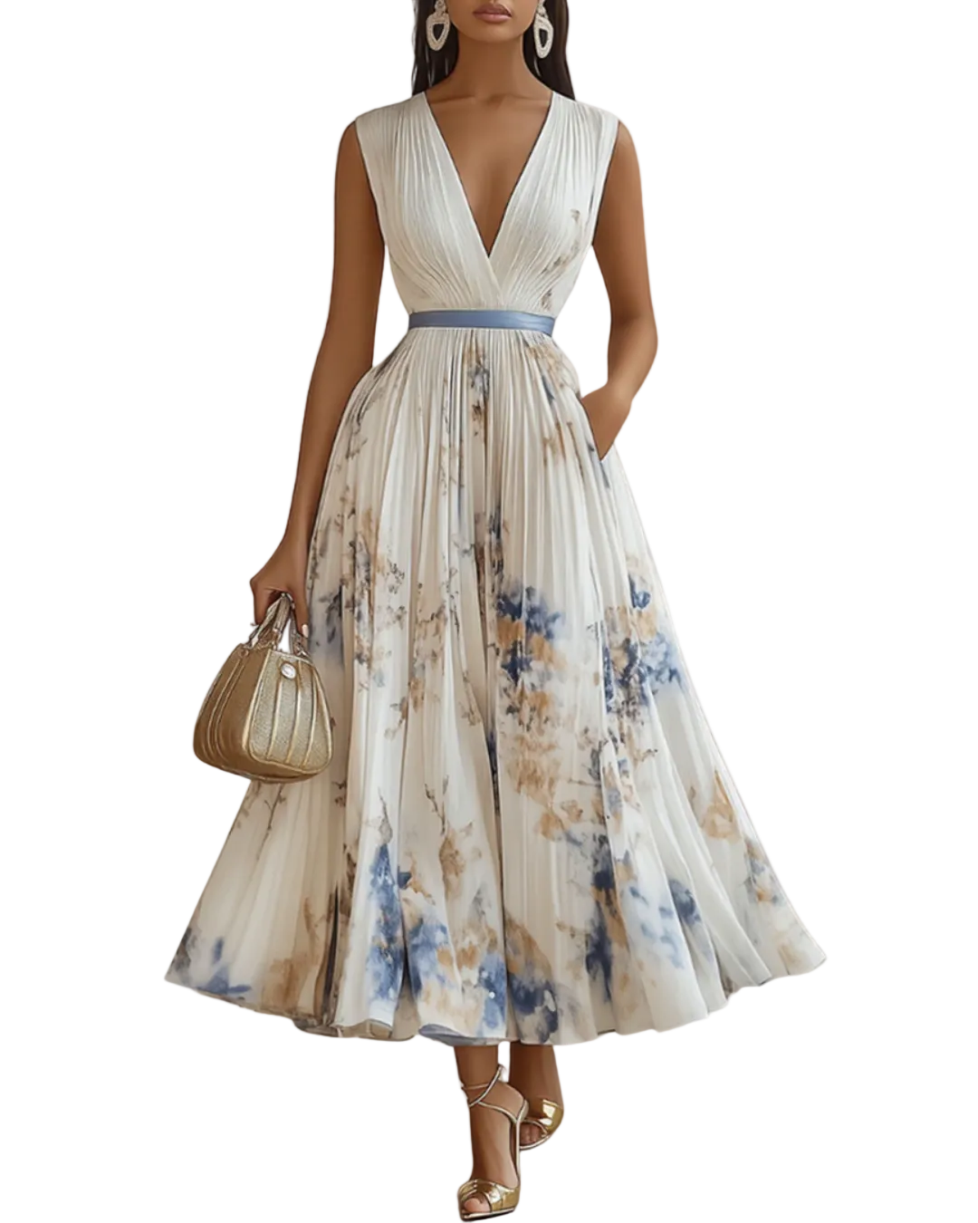 Robe Longue Plissée à Col en V pour Femmes 0