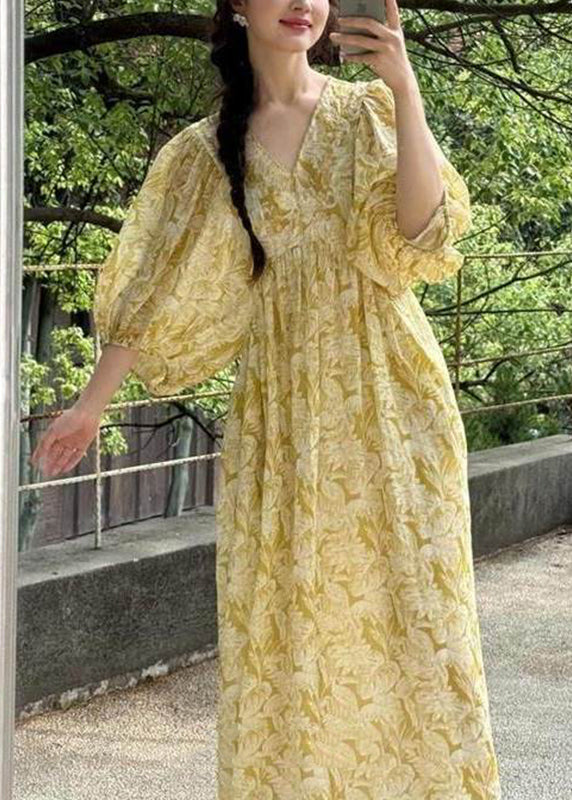 Robe Longue à Imprimé Jaune Col en V pour Femme 1