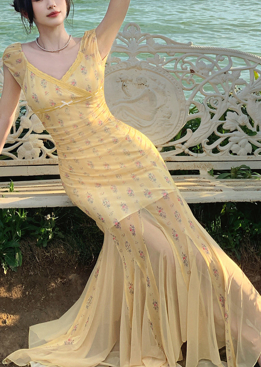 Robe Longue à Manches Courtes Col en V Imprimé pour Femmes 3