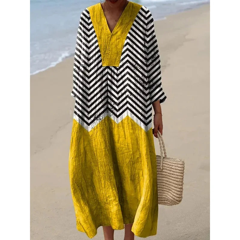 Robe Longue à Manches Longues pour Femme en V-Cou à Blocs de Couleurs 10