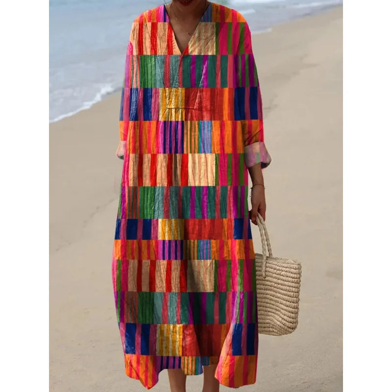 Robe Longue à Manches Longues pour Femme en V-Cou à Blocs de Couleurs 15