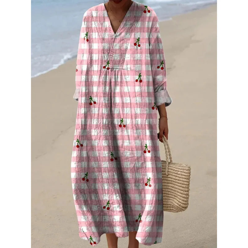 Robe Longue à Manches Longues pour Femme en V-Cou à Blocs de Couleurs 19