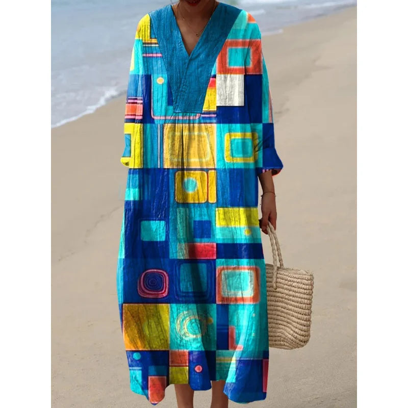 Robe Longue à Manches Longues pour Femme en V-Cou à Blocs de Couleurs 20