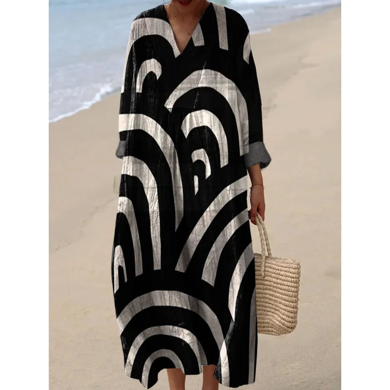 Robe Longue à Manches Longues pour Femme en V-Cou à Blocs de Couleurs 28