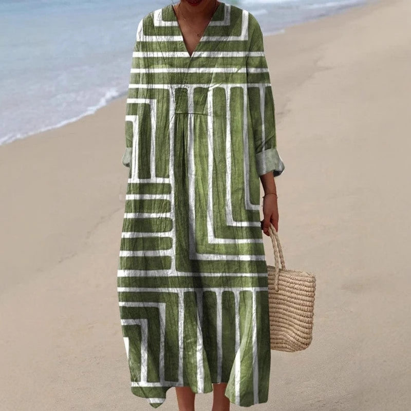 Robe Longue à Manches Longues pour Femme en V-Cou à Blocs de Couleurs 2