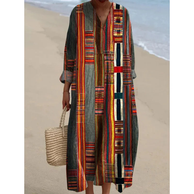 Robe Longue à Manches Longues pour Femme en V-Cou à Blocs de Couleurs 7