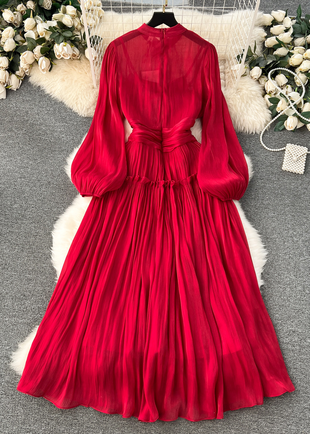 Robe Longue à Manches pour Femmes en Patchwork Rouge 4