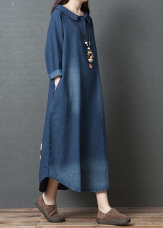 Robe Longue en Denim à Manches Longues avec Col Peter Pan pour Femme 1