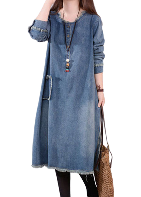 Robe Longue en Jean à Col Rond pour Femme avec Poches 0