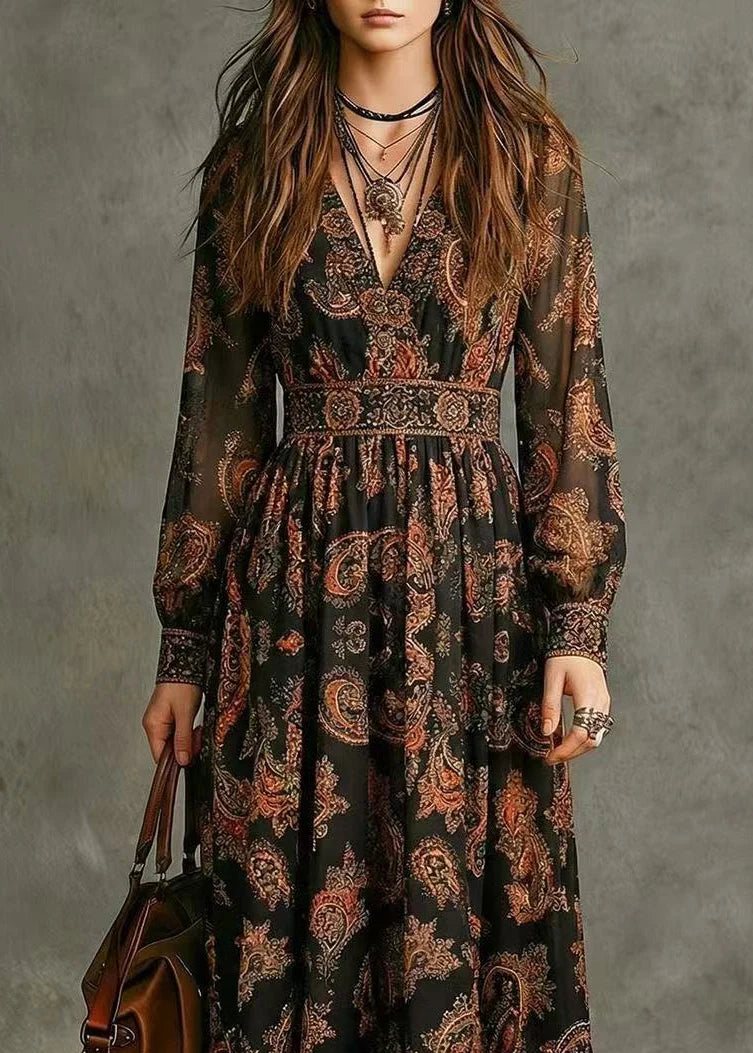 Robe Maxi Femme Col V Imprimé Vacances Automne 1