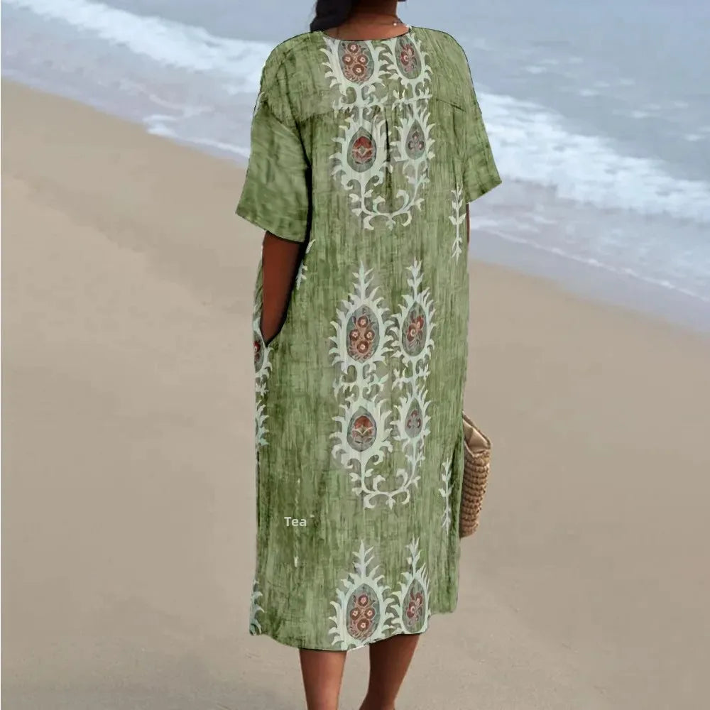 Robe Maxi Femme Imprimé Numérique V Col Manches Courtes 1