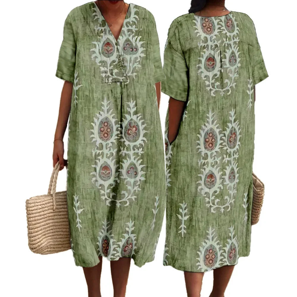 Robe Maxi Femme Imprimé Numérique V Col Manches Courtes 2