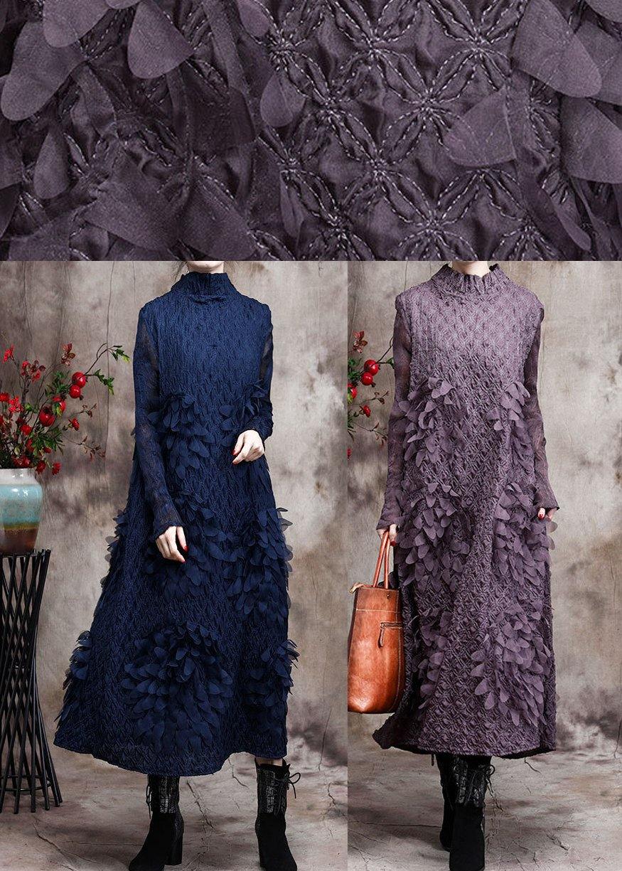 Robe Maxi Femme à Col Montant avec Décoration en Trois Dimensions 3