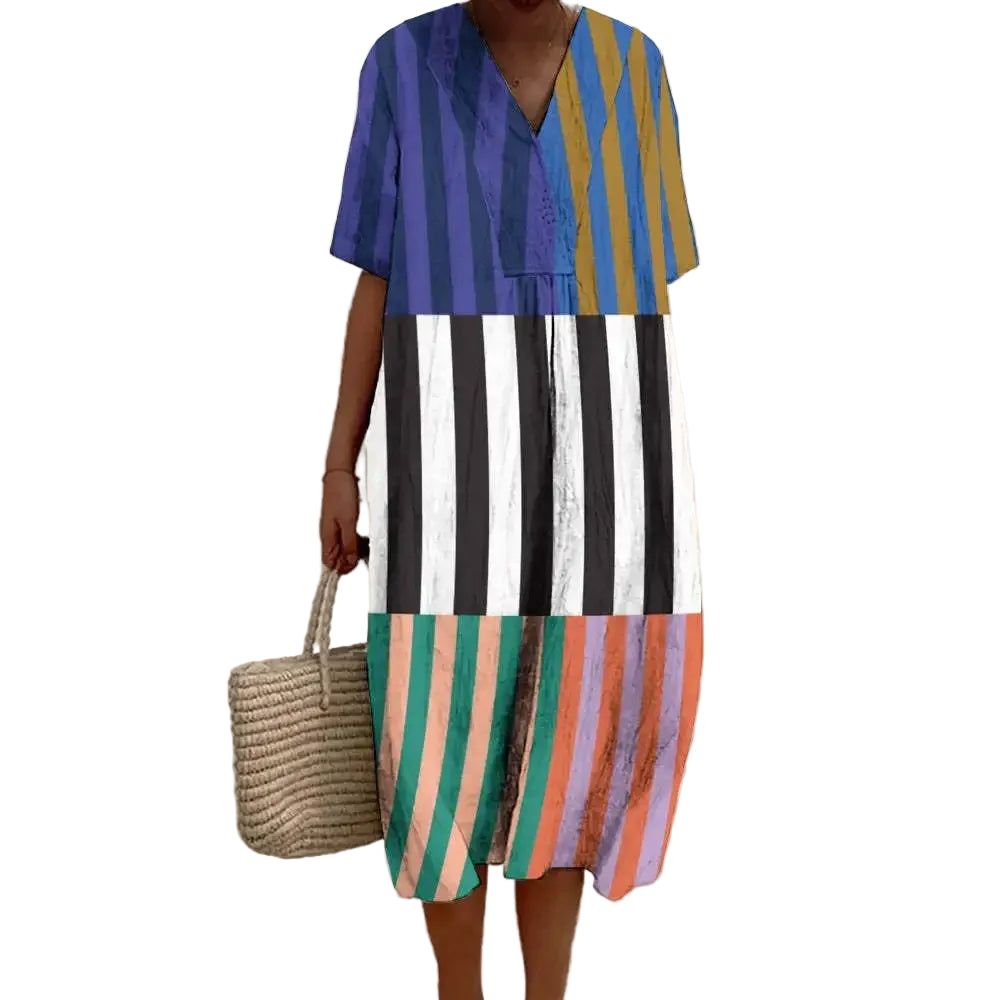 Robe Maxi Femme à Manches Courtes en Polyester à Rayures 0