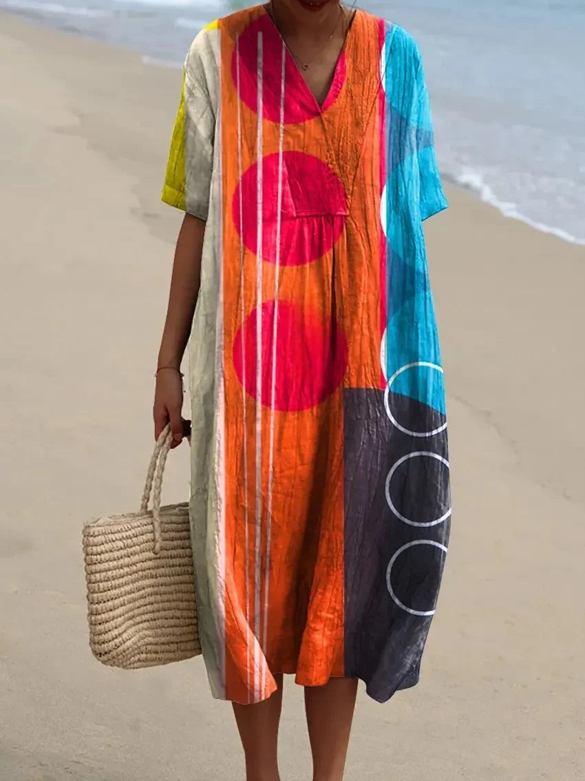 Robe Maxi Femme à Manches Courtes en Polyester à Rayures 12