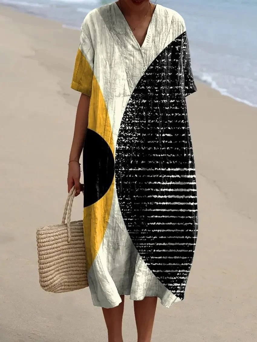 Robe Maxi Femme à Manches Courtes en Polyester à Rayures 6