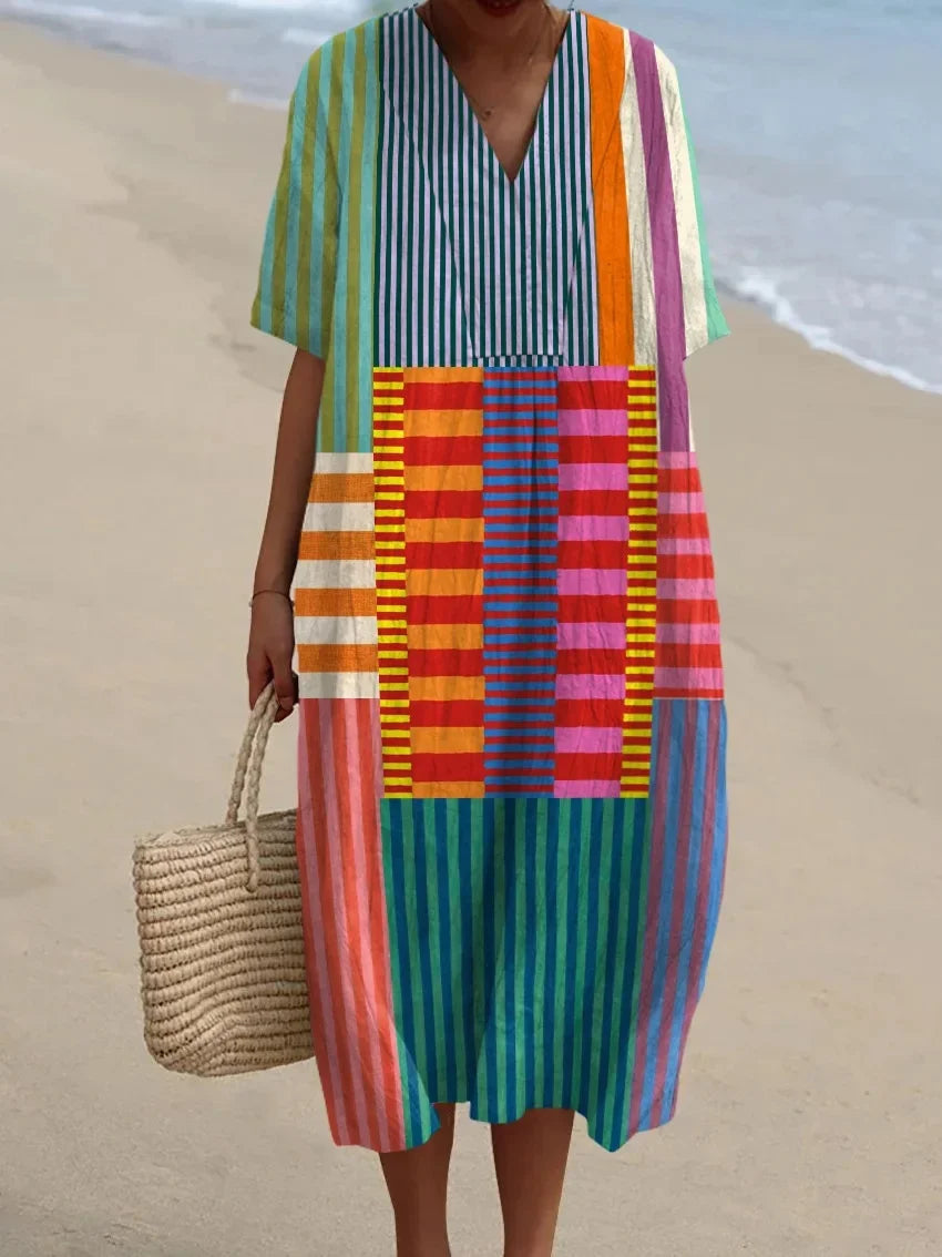 Robe Maxi Femme à Manches Courtes en Polyester à Rayures 9