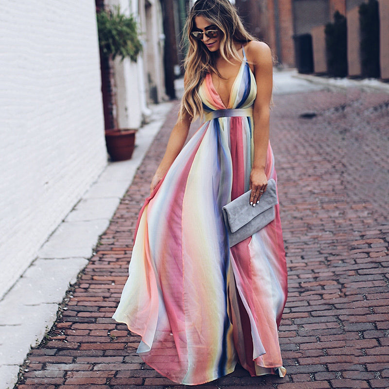 Robe Maxi Femme à Rayures Multicolores avec Décolleté en V 4