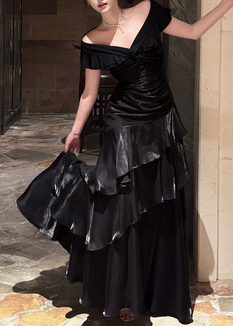 Robe Maxi à Volants Noir avec Col Oblique 4
