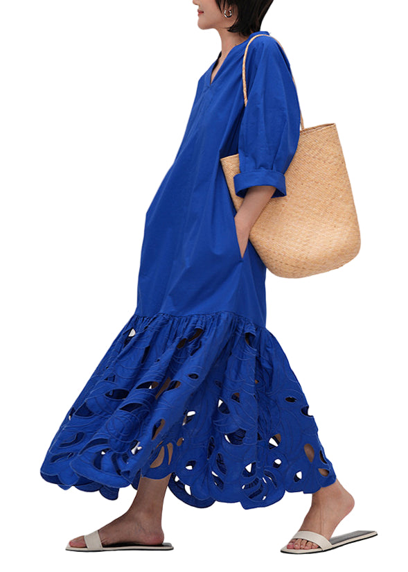 Robe Maxi en Coton Brodée à Manches Mi-Longues pour Femme 0