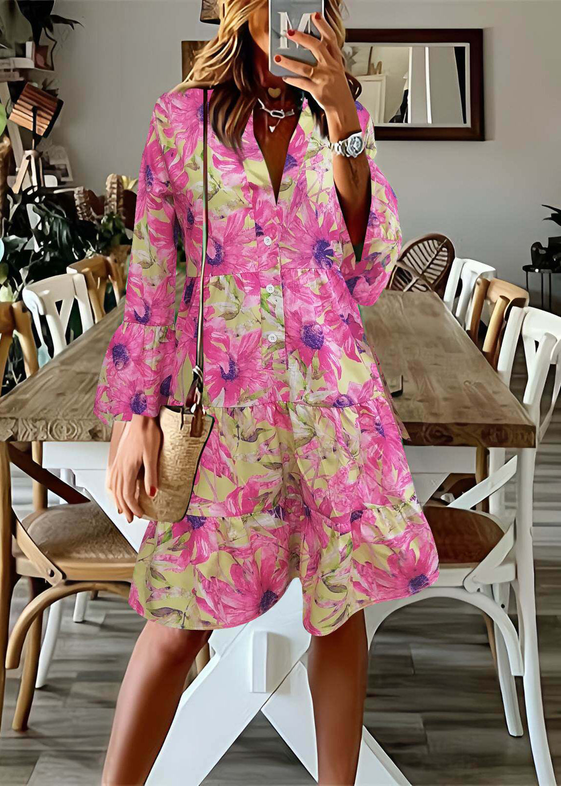 Robe Mi-Longue Femme Imprimée Col V Manches Évasées 1